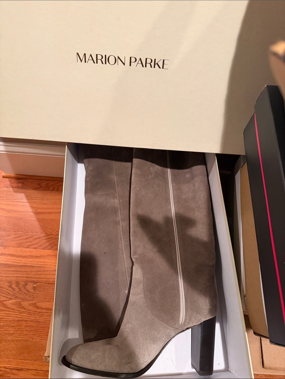 Marion Parke Taupe Suede Knee Boots with Block Heel